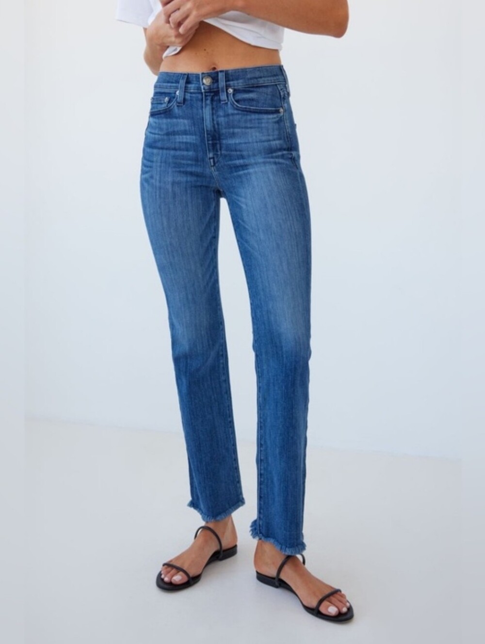 AYR The Pop Straight Leg Jeans Cropped Ankle Medium Blue Wash Denim Size 26 Long